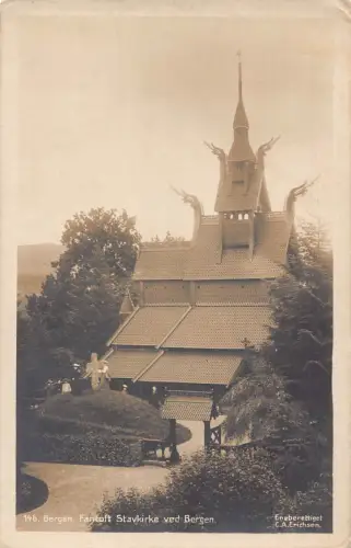 A757 Norwegen Bergen Fantoft Stavkirke Kirche RPPC Vintage Postkarte