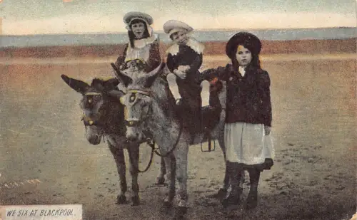 B143 England We six at Blackpool Girls reiten Donkeys Beach Postkarte