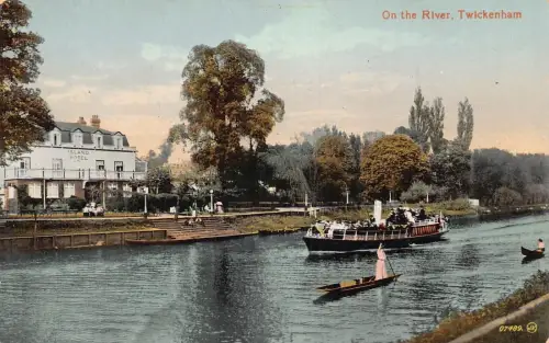 L241 England Twickenham auf dem Fluss Dampfschiff Island Hotel Vintage Postkarte