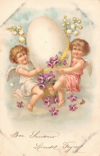 L110 Ostergrüße 1900er Engel Cherubim Maiglöckchen Ei Postkarte