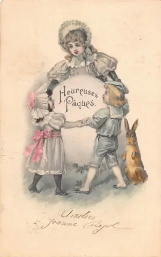 L110 Ostergrüße 1903 Kinder tanzen Hasen Ei Postkarte