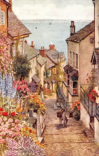 L242 England Clovelly Down a Long Donkey Flowers Vintage Postkarte