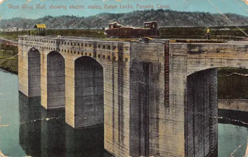 A814 Panamakanal 1934 Westflügelwand Elektrische Maultiere Gatun Schleusen Brücke Postkarte