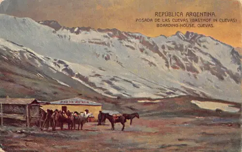 A815 Argentinien Pension Cuevas Kunst Pferde Berg Vintage Postkarte