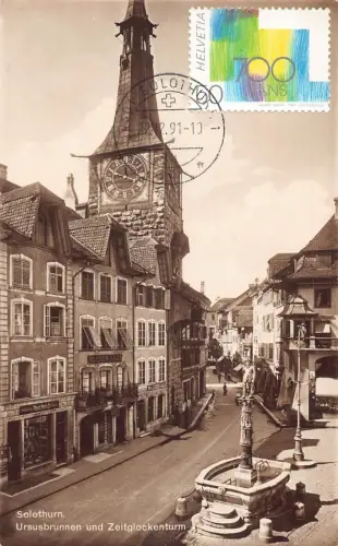 L295 Schweiz Solothurn Ursusbrunnen Zeitglockenturm Geschäfte Vintage Postkarte