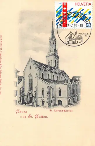 L296 Schweiz Gruss aus St. Gallen St. Lorenz Kirche Vintage Postkarte