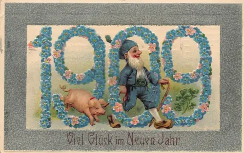 L178 Neujahrsgrüße 1908 Zwergschwein Glück Blumen Fantasy Prägepostkarte