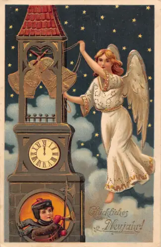 L189 Neujahrsgrüße 1908 Engel Glocken Uhr Prägepostkarte