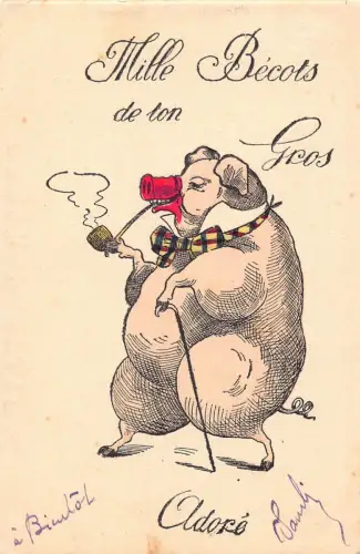 L347 Grüße 1913 Humanisiertes Fat Pig Pfeife rauchen Glück Vintage Postkarte
