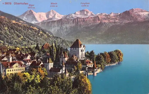 Schweiz Oberhofen Eiger Mönch Jungfrau Gesamtansicht Vintage Postkarte