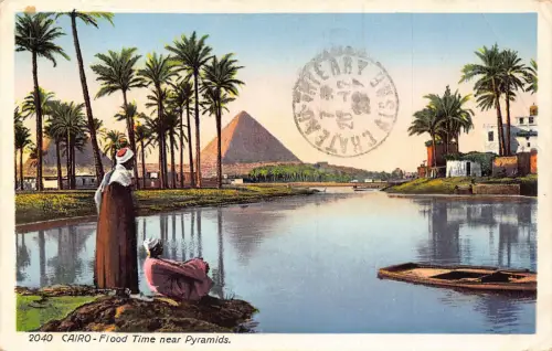 Ägypten 1929 Kairo Flutzeit nahe Pyramiden Beduinen Vintage Postkarte