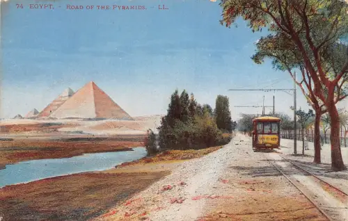 A992 Ägypten Straße der Pyramiden Straßenbahn Vintage Postkarte