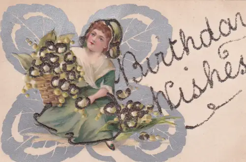 B451 Neuheit Glitzer Geburtstag Mädchen Maiglöckchen Kleeblatt geprägte Postkarte