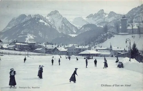 A695 Schweiz 1909 Chateau d'Oex en hiver Skaten Wintersport Postkarte