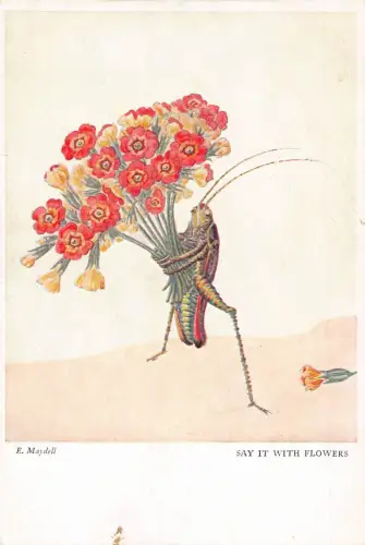 A717 Fantasy Humor Humanisierte Grille Heuschrecke mit Blumenstrauß Postkarte