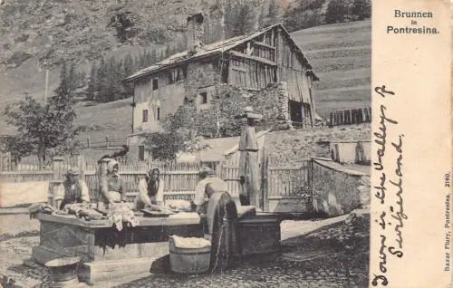 L478 Schweiz 1908 Pontresina Frauen Wäsche waschen Vintage Postkarte