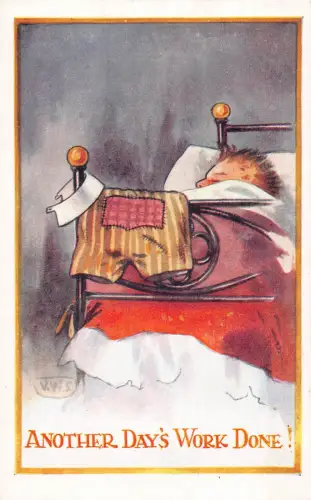 A734 Comic Humor Another Day's Work Done Hose auf Bett Mann schläft Postkarte