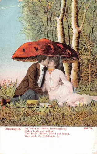 B046 Liebesromantik Fantasy Paar Kuss unter Riesenpilz Glueckspilz Postkarte