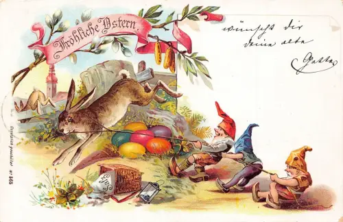 L393 Ostergrüße 1900 Zwerge ziehen Haseneier Vintage Postkarte