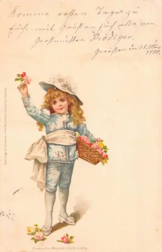 B062 Grüße 1900 Junge in blauer Tracht hält Rosen Korb Postkarte