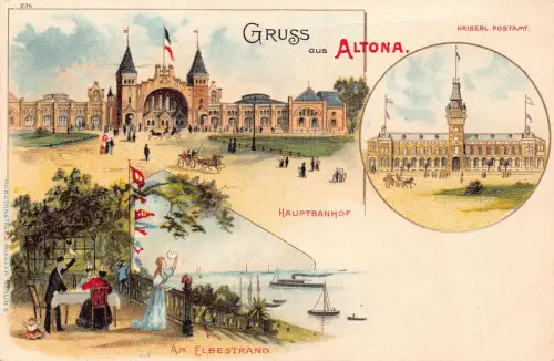 A797 Deutschland Gruss aus Altona Kaiserl Postamt Bahnhof Hafen Litho Postkarte