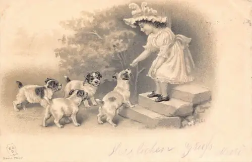 L414 Grüße 1901 Mädchen spielt mit Welpen Hunde geprägte Postkarte