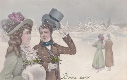 L396 Neujahrsgrüße 1913 Paar Mistel Schnee Postkarte