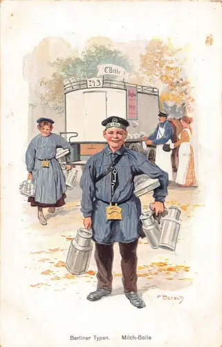 A145 Deutschland Berliner Typen Milchdosenverkäufer signierte F Bersch Postkarte