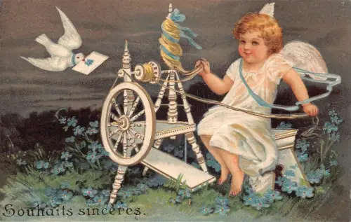 L252 Beste Wünsche 1906 Cherub Amor weben weiße Taube Blumen Fantasy Postkarte