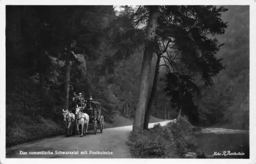 Deutschland 1939 Romantischer Schwarzwartaler Wald mit Postkutsche Vintage Postkarte