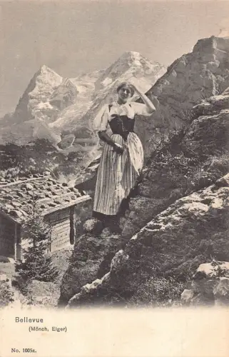 A973 Schweiz Bellevue Mönch Eiger Frau Tracht Volk Postkarte