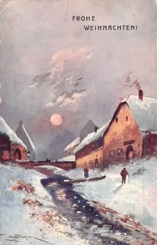 A126 Gemälde signiert Winterlandschaft Mondschein Cottages Fluss Vintage Postkarte