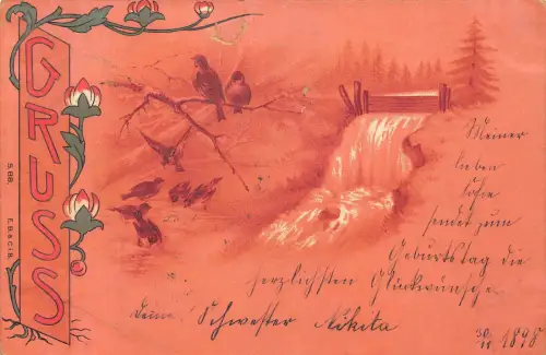 Grüße 1898 Vögel Blumen Litho Vintage Postkarte