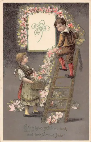 B101 Neujahrsgrüße Kinder dekorieren mit Blumen Kleeblatt Leiter Postkarte