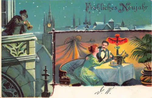 B113 Neujahrsgrüße 1906 Paar Toast Sektgläser Trompeter Postkarte