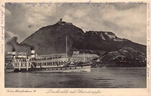 L262 Deutschland 1926 Drachenfels mit Rheindampfer Vintage Postkarte