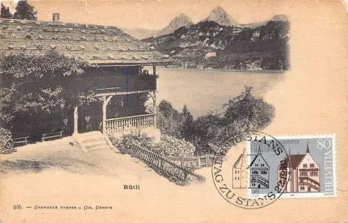 L297 Schweiz Ruetli See Berge Vintage Postkarte