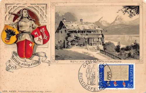 L296 Schweiz Ruetli mit Mythen im Hintergrund Wappen geprägt Postkarte