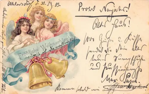 B163 Weihnachtsgrüße 1903 Mädchen Engel Glocken Band Vintage Postkarte