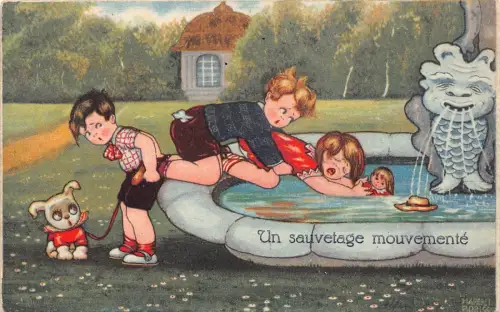 L162 Kinder retten Puppe aus Brunnen Humor Comic Margret Boriss Postkarte