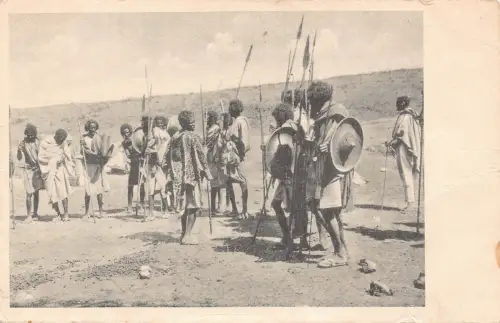 B635 Äthiopien Afaris Ureinwohner Krieger mit Speeren ethnische Vintage Postkarte