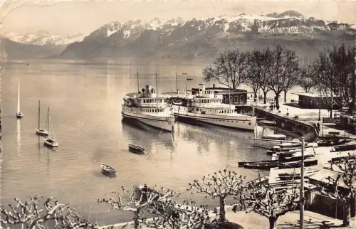 A695 Schweiz Ouchy Lausanne 1961 Dampfschiffe Debarcadere Alpes RPPC Postkarte