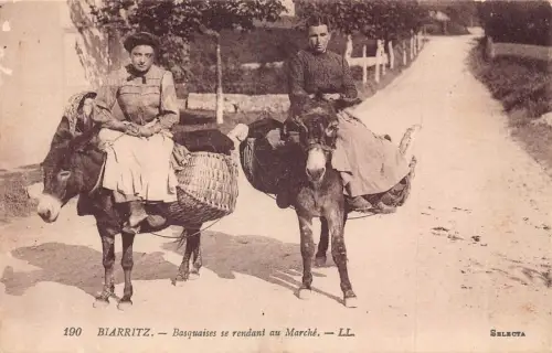 A912 Frankreich Biarritz Basquaises se rendant au Marche Frauen reiten Esel Postkarte