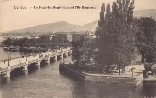 L100 Schweiz Genf Mont-Blanc Brücke und Insel Rousseau Vintage Postkarte