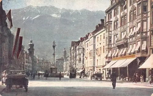 L049 Österreich 1925 Innsbruck Maria Theresia Straßenbahnen Straßenbahn Flagge Oldtimer Postkarte