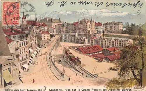 Schweiz 1910 Lausanne Grand Pont et Alpes Leman's Chocolat Tram Postkarte