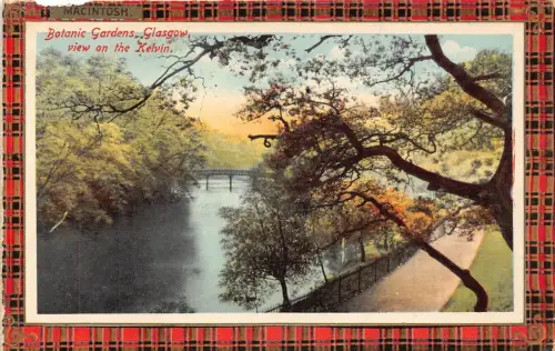 A031 Schottland Glasgow Botanischer Garten Kelvin Ansicht Tartan Macintosh Postkarte
