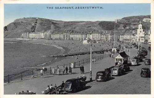 Wales Seafront Aberystwyth Cars Beach Vintage Postkarte