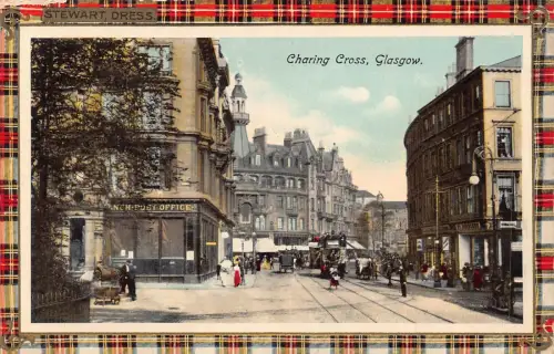 A031 Schottland Glasgow Charing Cross Stewart Kleid Tartan Straßenbahn Postkarte