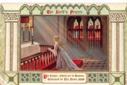 B230 Religiös Das Vaterunser Mädchen in der Kirche Vintage Postkarte